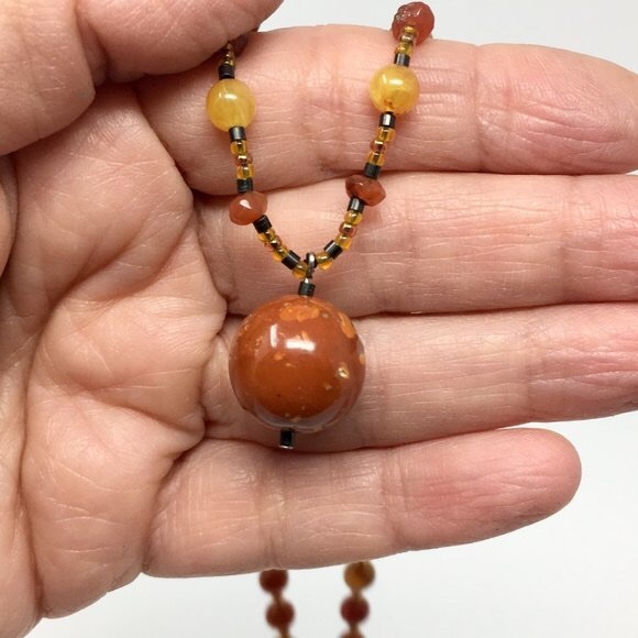 Handmade Fall Inspired Amber Toned and Carnelian Bead Choker Necklace - Picture 7 of 10